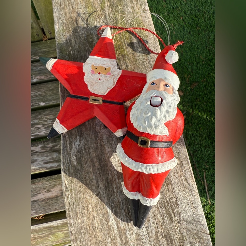 2 Hand Carved Wooden Folk Art Star Santa Claus Christmas Ornaments Primitive‎ R